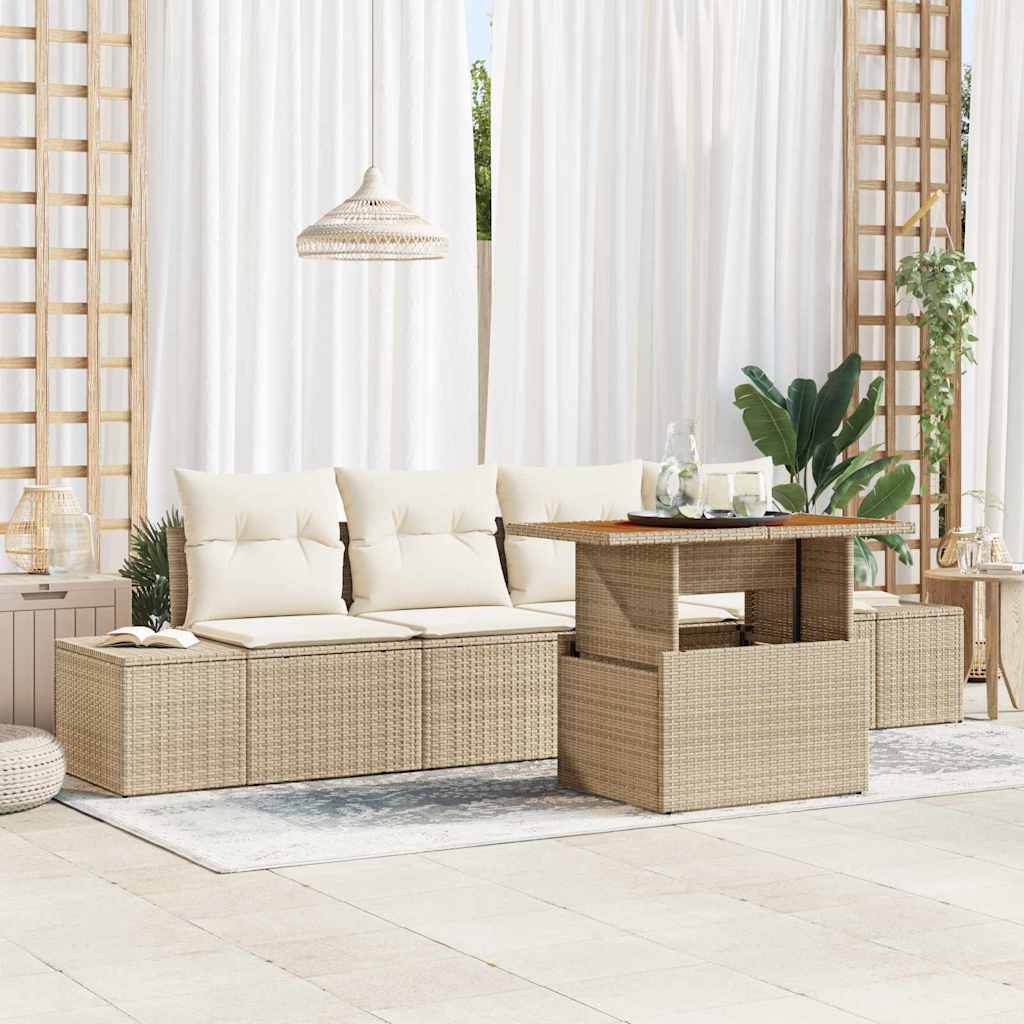 Garten-Sofa-Set mit Speicher 5 pcs Beige Poly Rattan